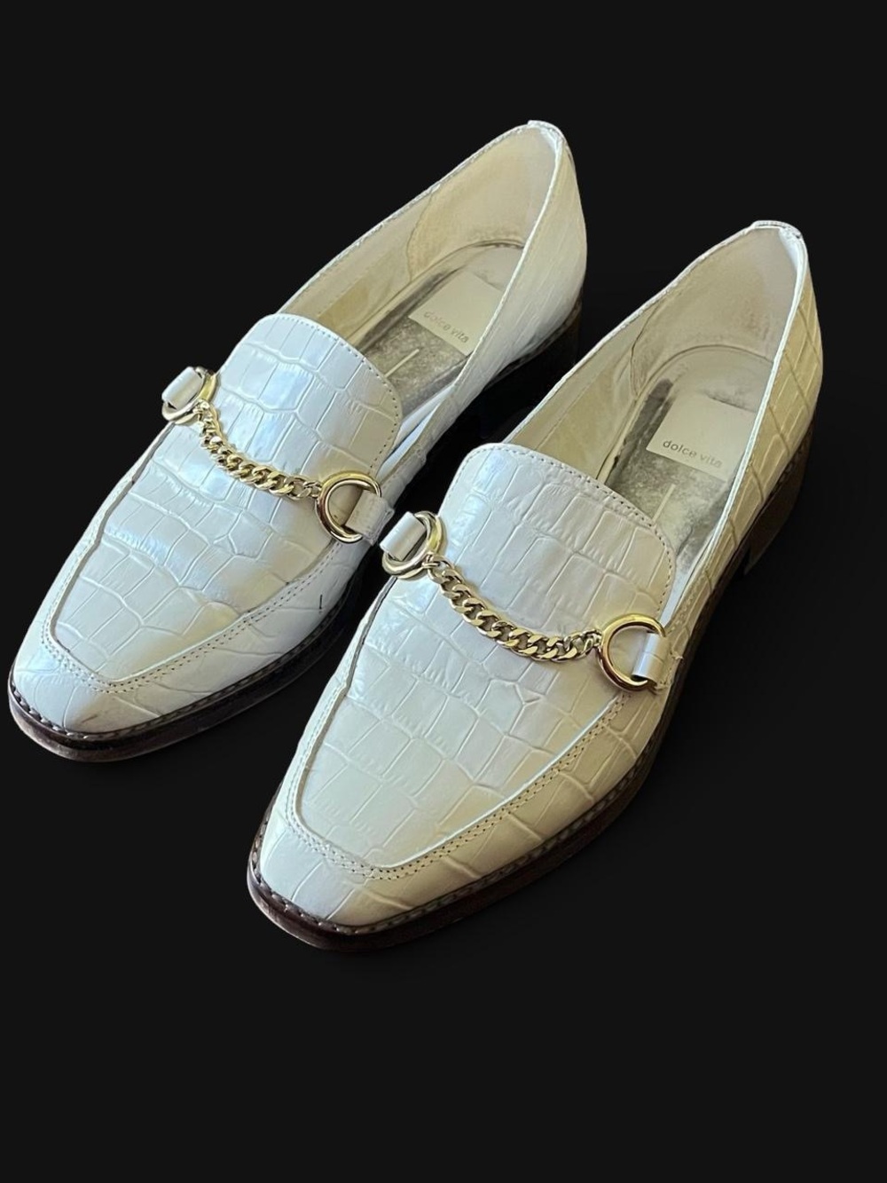 Dolce Vita White Croc-Embossed Loafers with Gold Chain